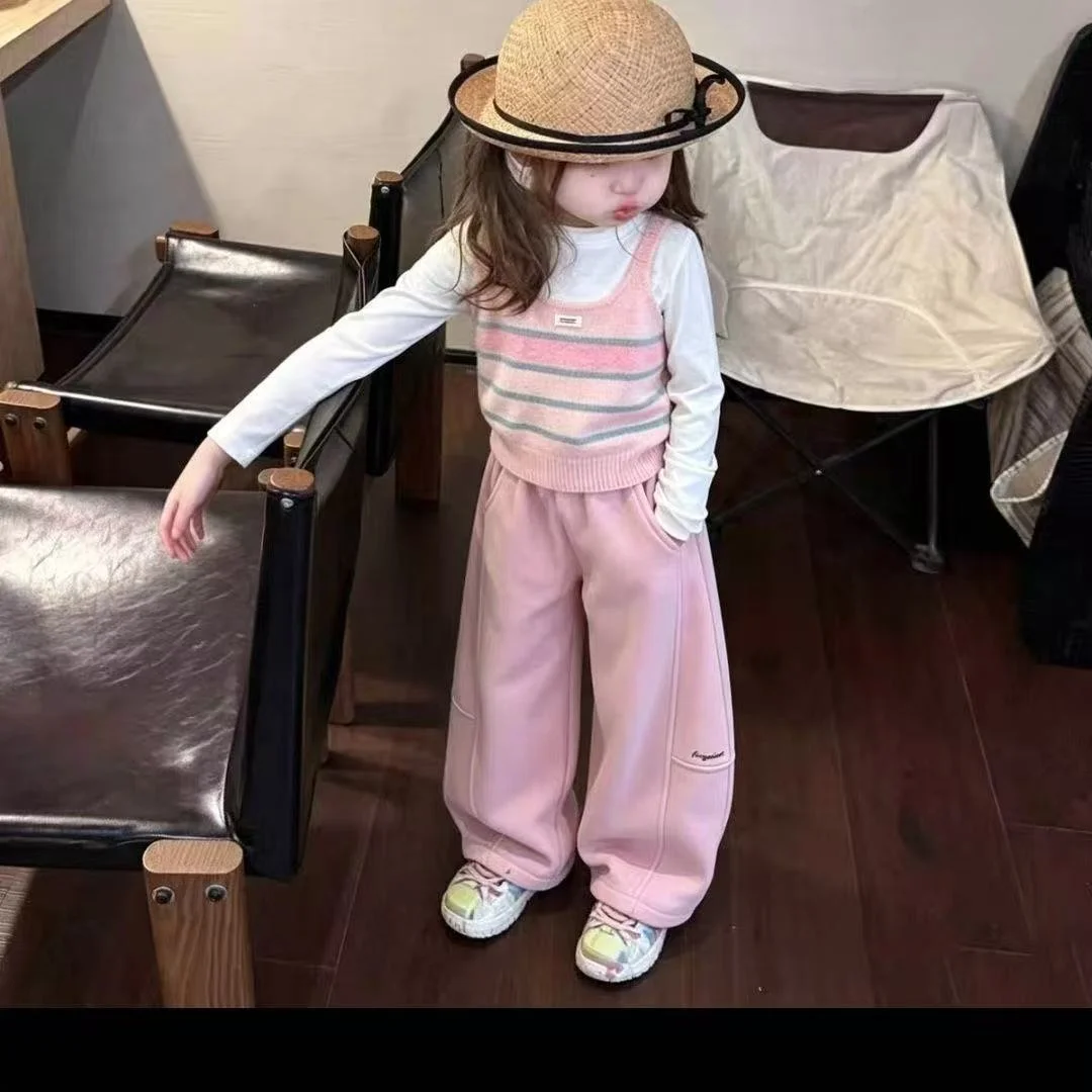 Girls' Spring and Autumn Set New Children's Sweet Striped Knitted Tank Top Wide Leg Pants 3-Piece Set