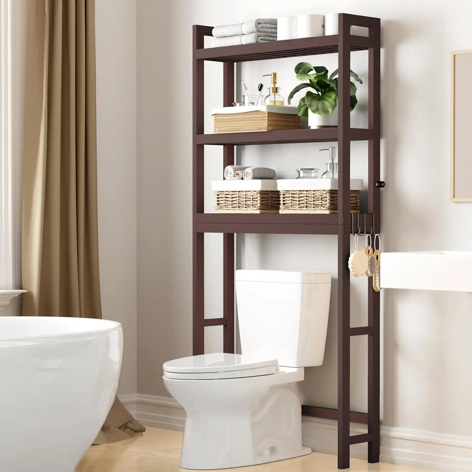 

Over The Toilet Storage Cabinet, 3-Tier Bamboo Bathroom Organizers with Adjustable Shelf & 4 Hooks, Space Saving Shelf Rack f