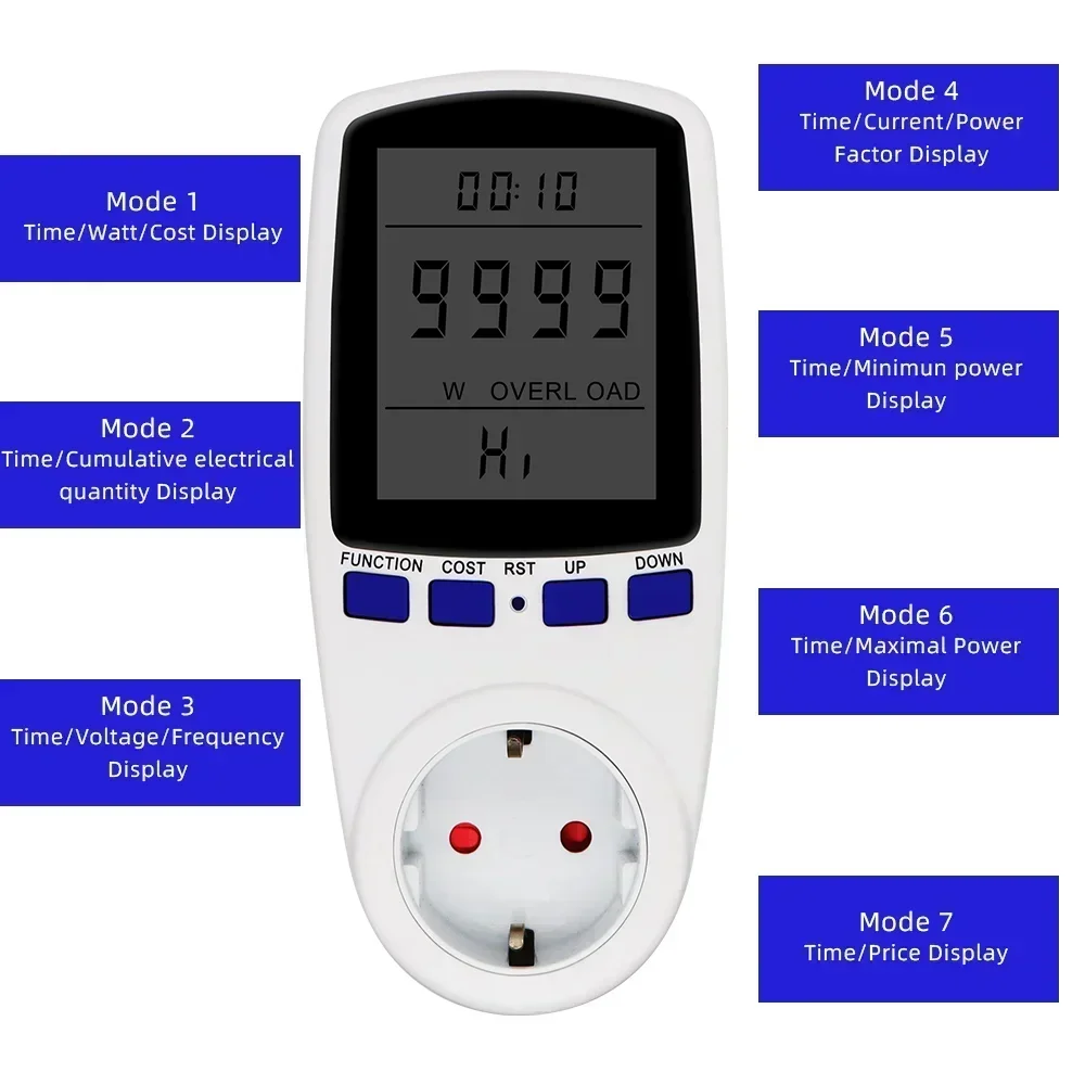 220V Digital LCD Power Meter Wattmeter Socket Wattage Kwh Energy Measuring Outlet EU Plug Overload Protection 7 Display Models