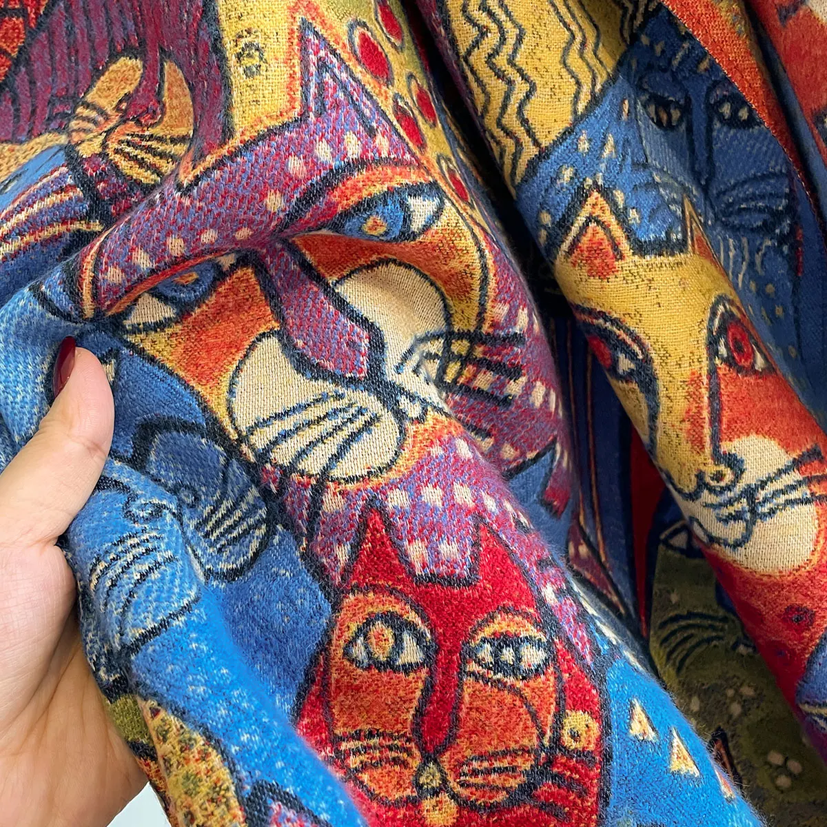 Damen High-End-Katzen-Design, Herbst-Winter, doppelseitiger Jacquard, Premium-Schals aus Kaschmirimitat, verdickter großer Schal – Detail 4