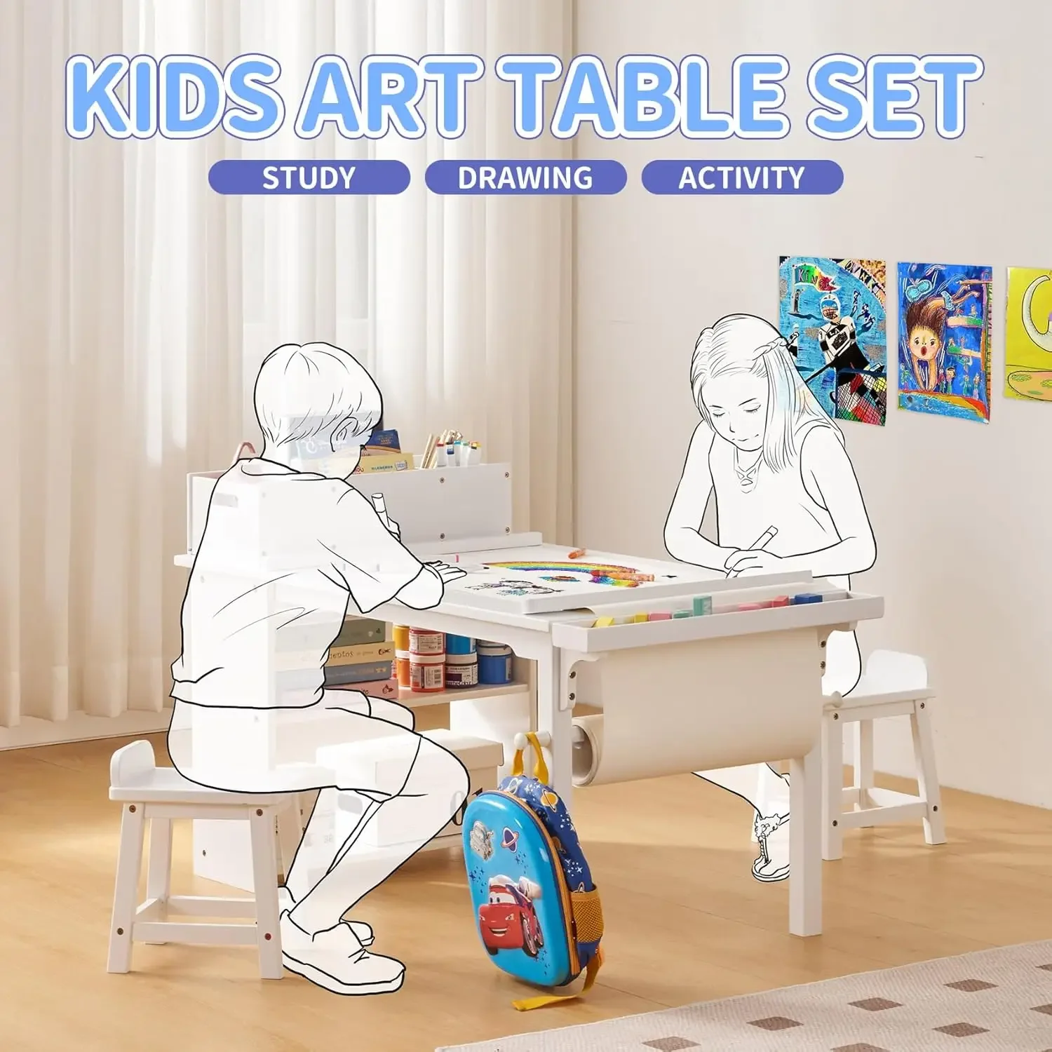 Drawing and Art Table & Chair Set for Toddlers - Portable Craft Supplies Organizer and Storage Shelves, Canvas Bins