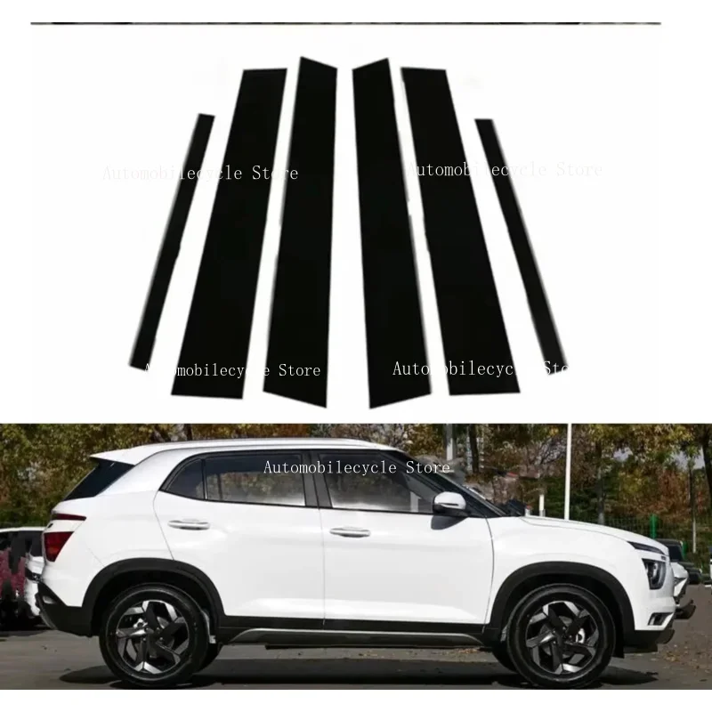 6PCS Glossy Black Pillar Posts Fit For Hyundai IX25 Creta 2020 2021 2022  Window Moulding B C Center Sticker Cover
