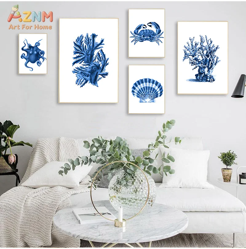 AZNM Blue Watercolor Marine Creature Shell Turtle Crab Frameless Canvas Poster Coastal Style Living Room Wall Art Decor