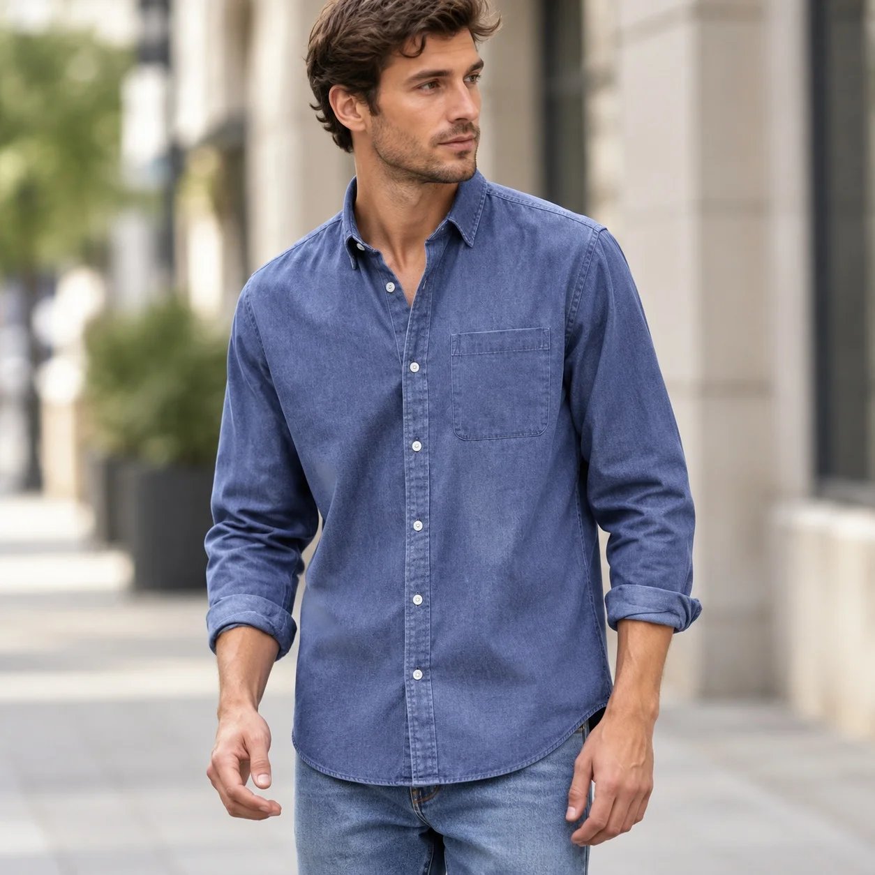 Turn Down Collar Cardigan Long Sleeve Loose Fit Vintage with Daily Pocket Patchwork Men Shirts