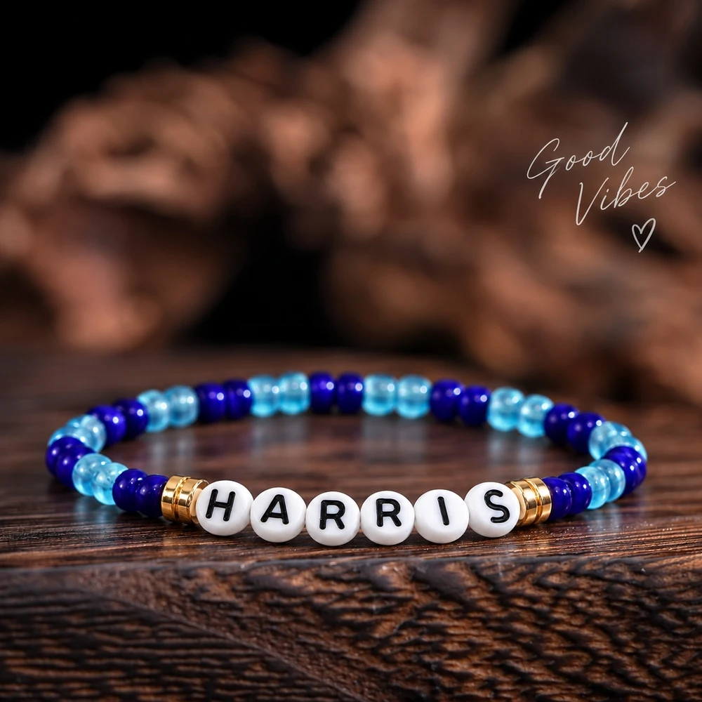 1pc Glass Beaded Letter Bracelet Blue and Purple Round Beads White Alphabet HARRIS Design 17.5cm Trendy Unisex Strand