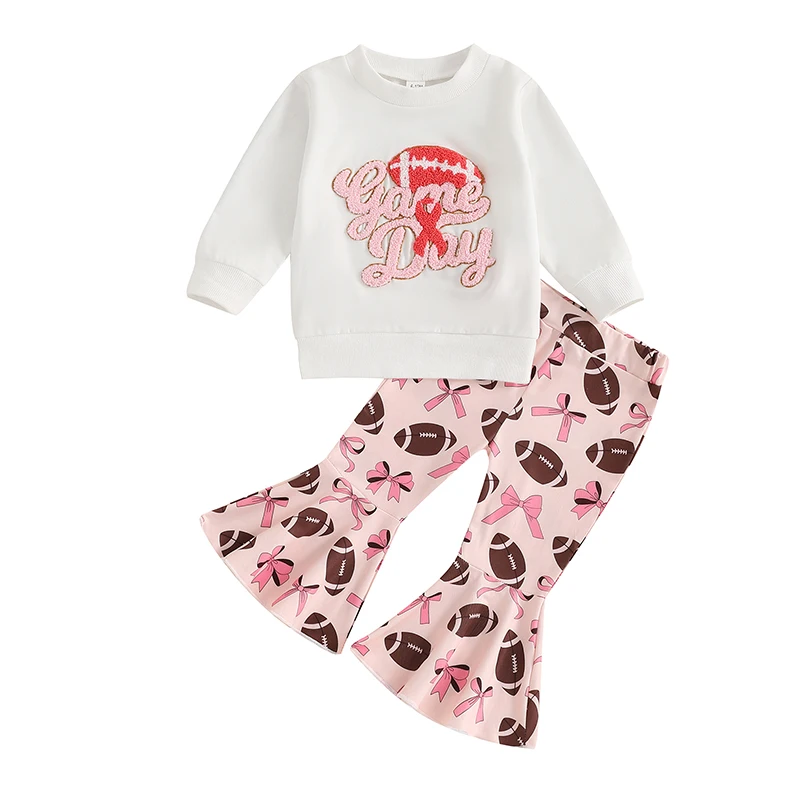 

Little Girls Fall Sets Football Letter Bow Print Long Sleeve Sweatshirt Long Flare Pants 2-Piece Outfits