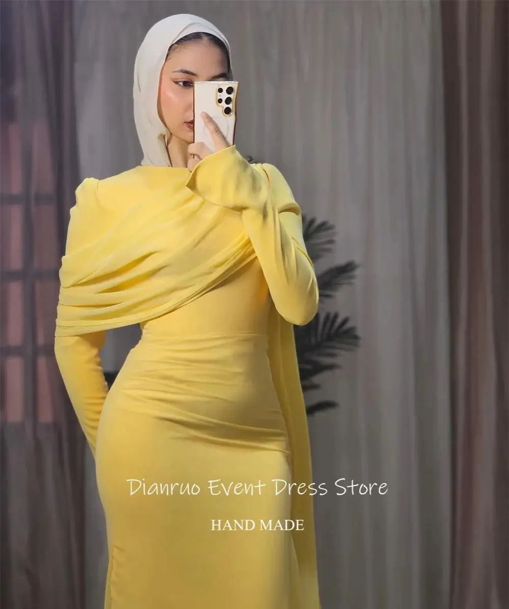 Dianruo Драпированные ярко-желтые вечерние платья Асимметричные платья для выпускного вечера Плиссированные элегантные мусульманские платья для гала-верейской в Саудовской Аравии по индивидуальному заказу