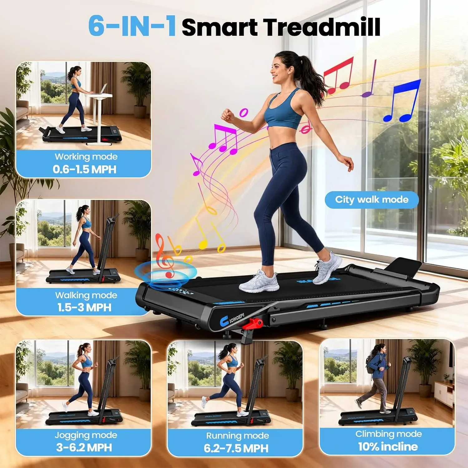 Treadmill with Speaker, 6-in-1 7.5MPH Foldable Treadmill for Home with App Compatible, Walking Pad with 10% Incline, LED Display