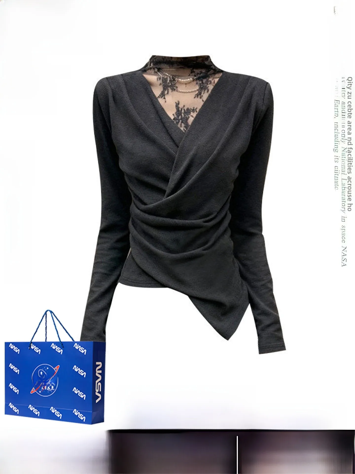 

Ele Lace High Collar Long Sve Floing Women's Autumn Winter Unique Personali Slim Waist Irregular Base irt