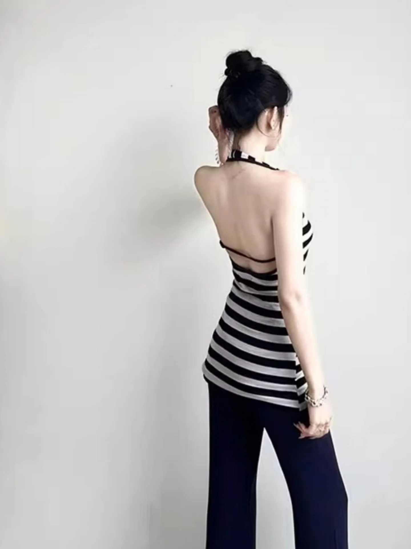 Black White Striped Neck Hanging Strap Vest Women Summer Design Back Hollow out Slimming Versatile Top U Neck Short Sleeve