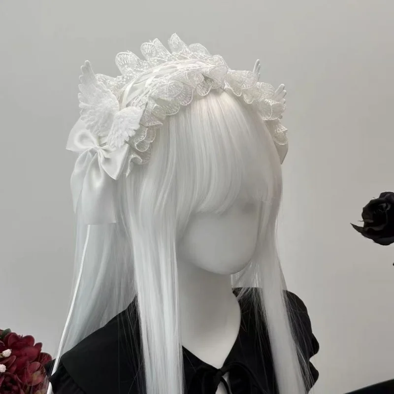 Gothic Angel Wings Maid Bonnet hairband Lolita Girl Cosplay Costume Accessories Retro Adjustable Ruffles Solid headwear Women