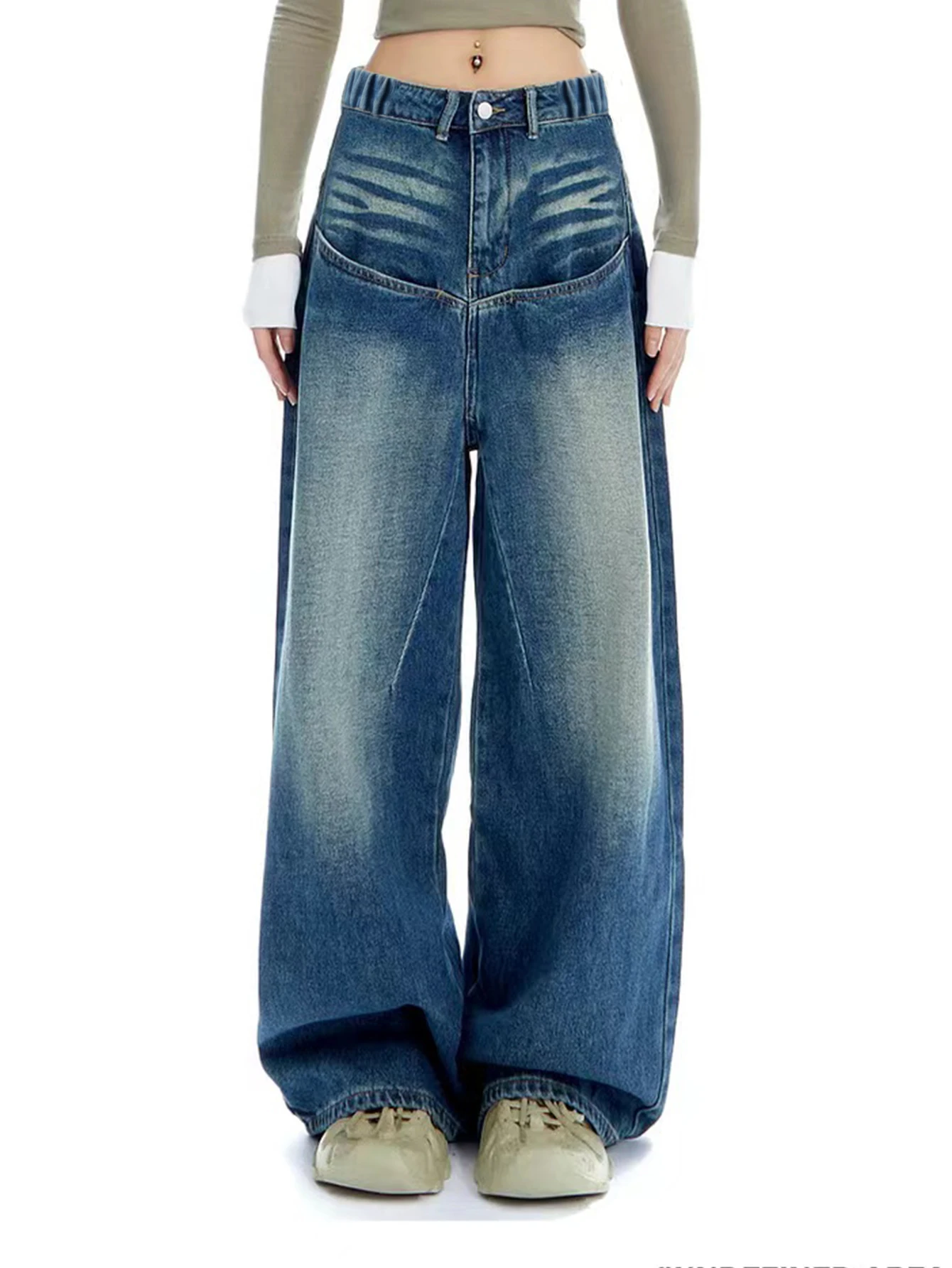 

Teenage Girls Blue Washed Distressed Casual Jeans Loose Wide Leg Long Straight Cut for Preteen And Teenage Girls