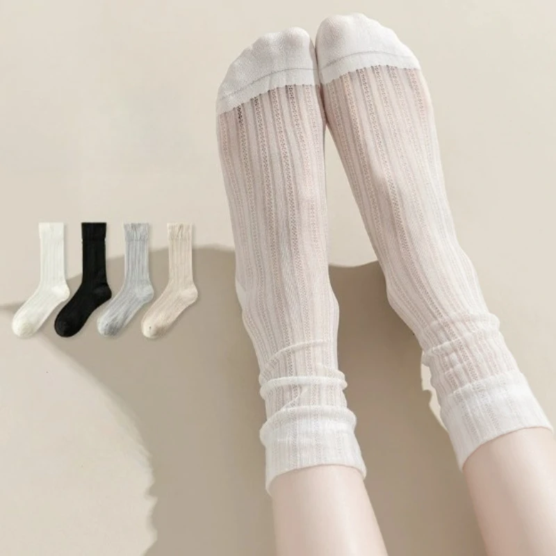 

4 pairs of versatile mid length socks solid color socks summer thin design sweat absorbing breathable women's socks