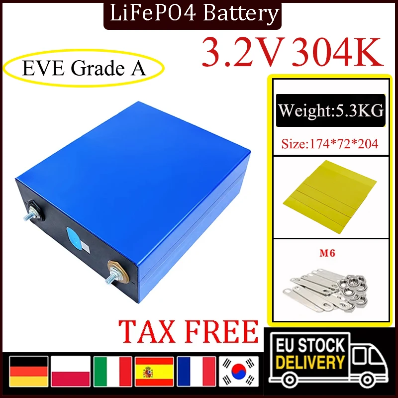 1PCS 6000 cycle life Lithium  Stock Grade A Akku Lfp 3.2 V Solar Rechargeable Ion 304, 304ah Lifepo4 Battery Cell, 3.2 v Lf304