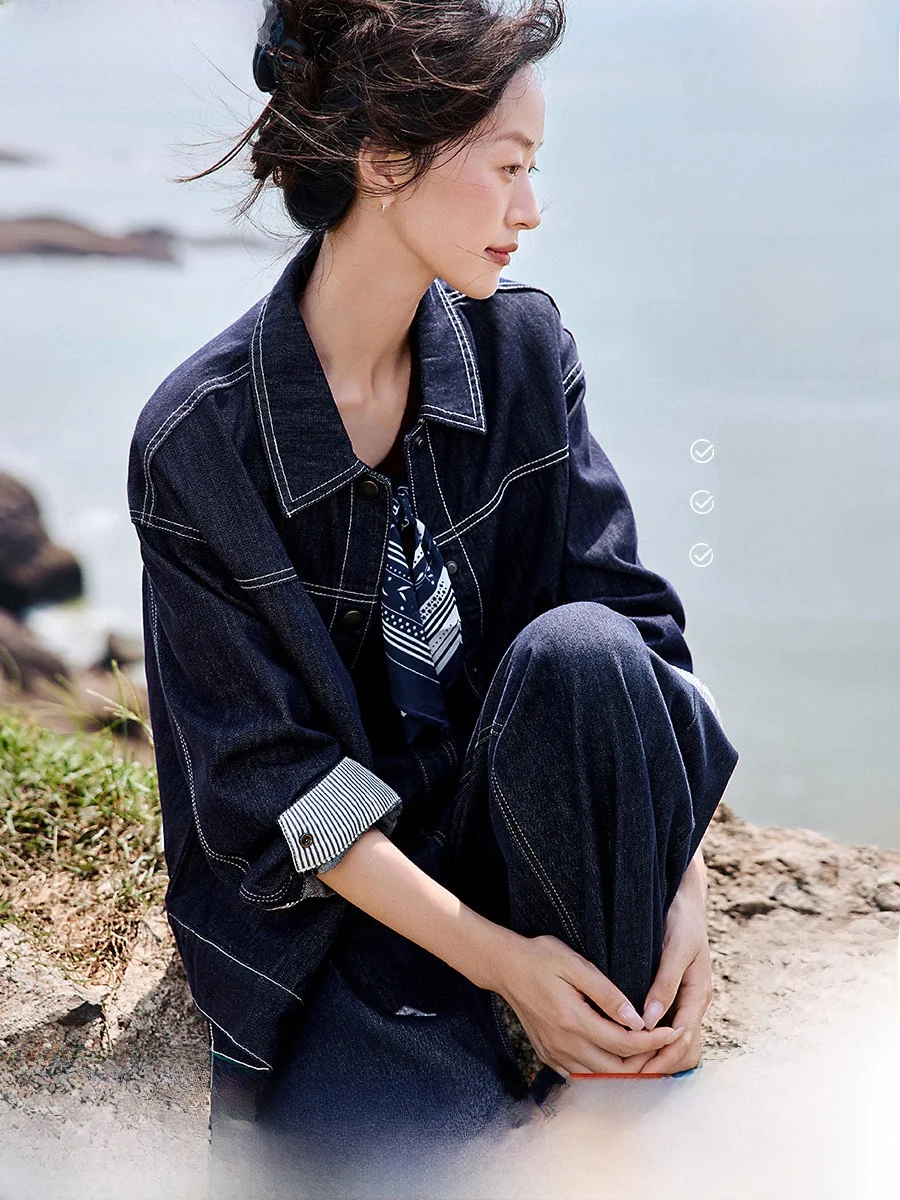 

Faionable Color Blo Denim Jaet by Mo Han Mei Women's Basic ort Coat Spring Autumn Seasonal Breathable Cotton Blend