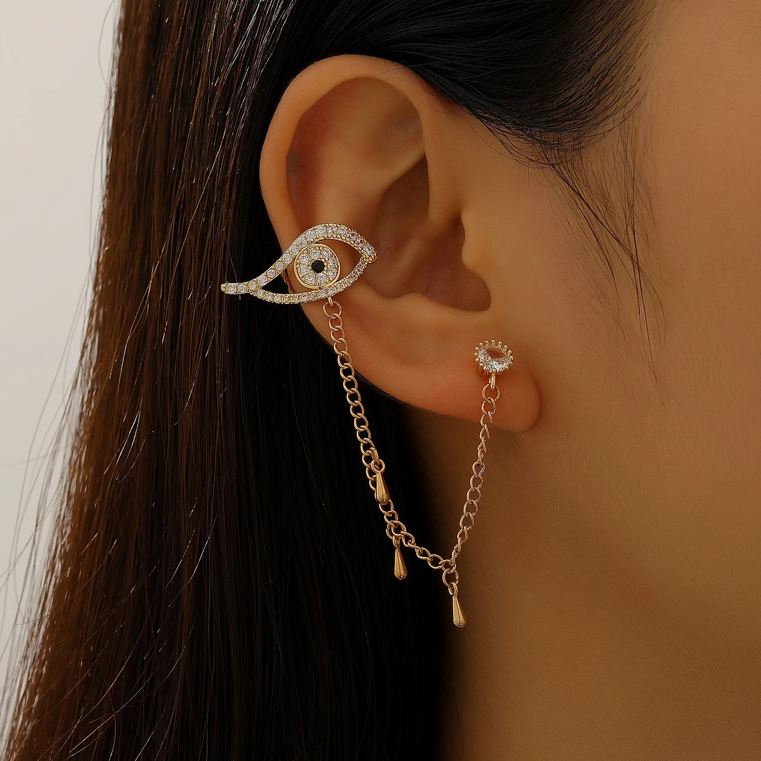 Evil Eye Ear Cuff with Drop Chain, No Piercing Ear Clip Earrings, Mystic Gothic Boho Layered Ear Jewelry Wholesale