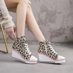 Leopard Wedge Platform Sneakers for Women, Lace Up, Vulcanized Shoes, Ladies' Casual Sneakers, Autumn, New