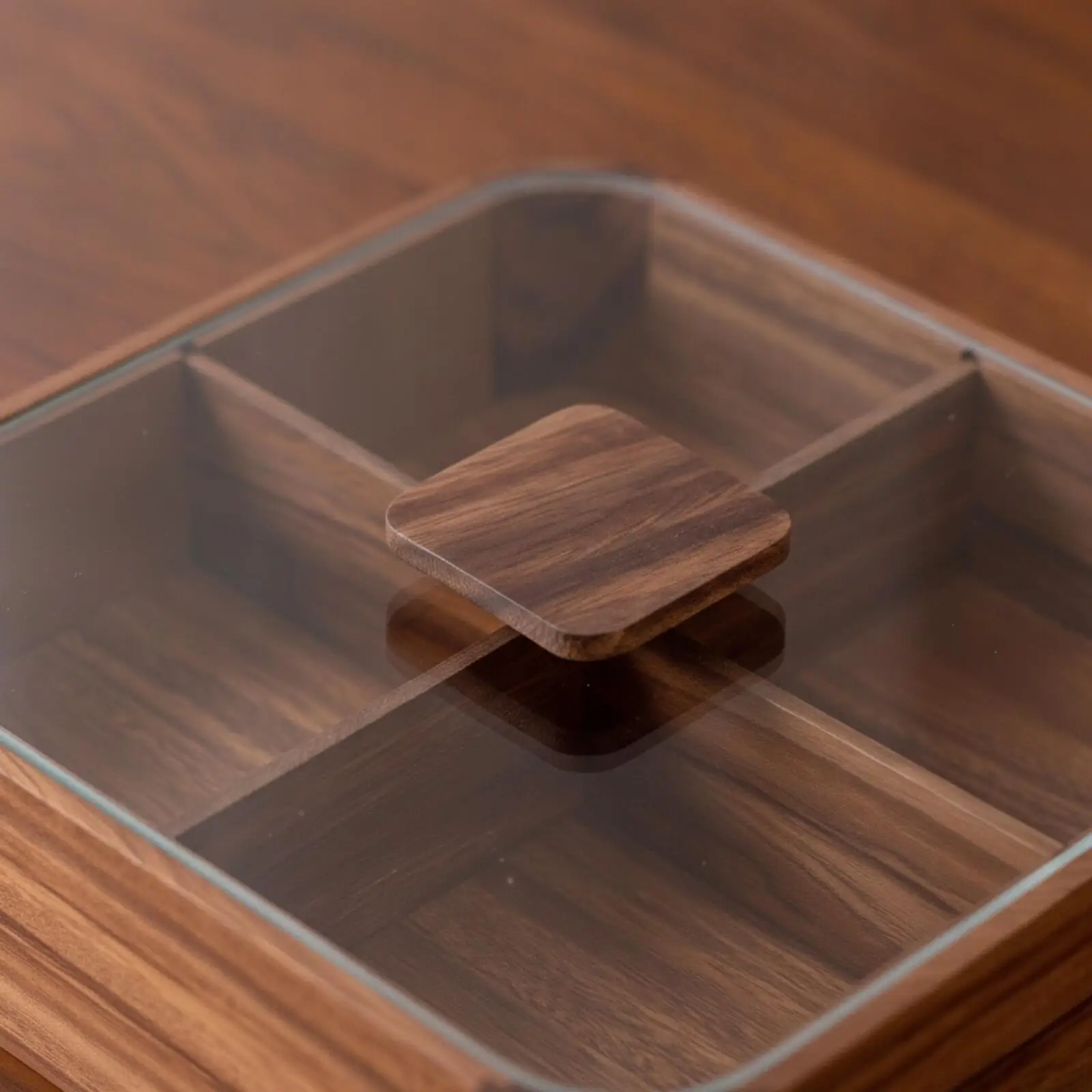 Wooden Display Box with Compartments for Nuts and Candy Featuring Glass Lid for Fresh Keeping and Countertop Use