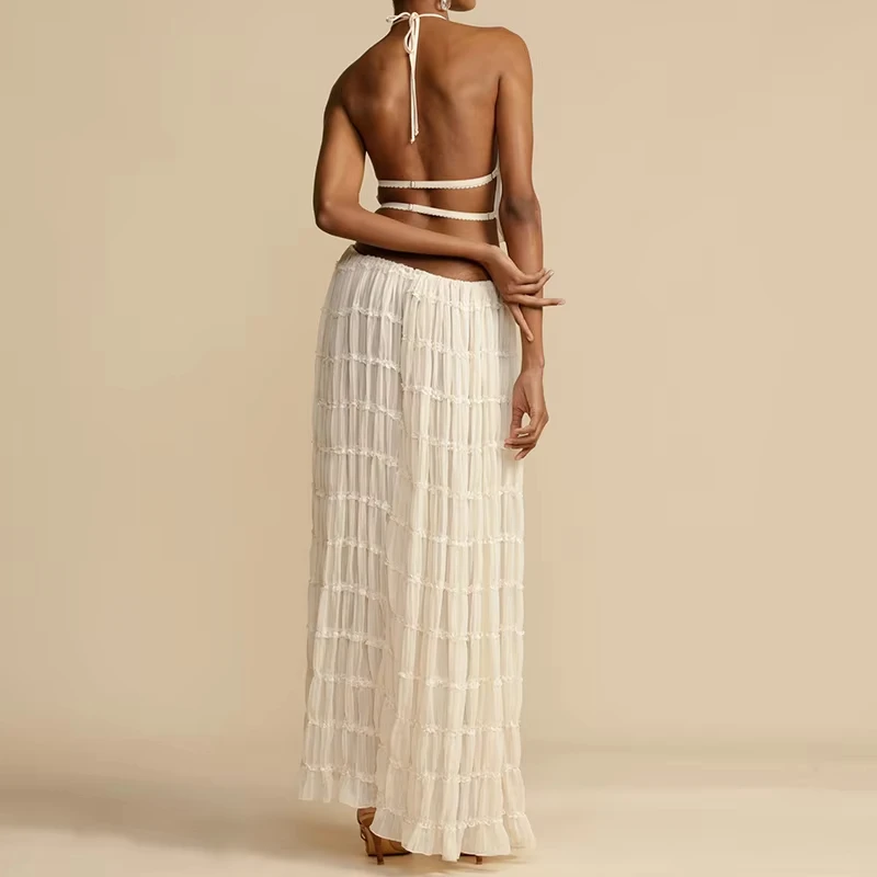 ผู้หญิง Boho เซ็กซี่ Backless การจับคู่ชุด 2 ชิ้น Beach Holiday ชุด Vintage Ruched Halter Cami Tops + Maxi กระโปรงยาว Party