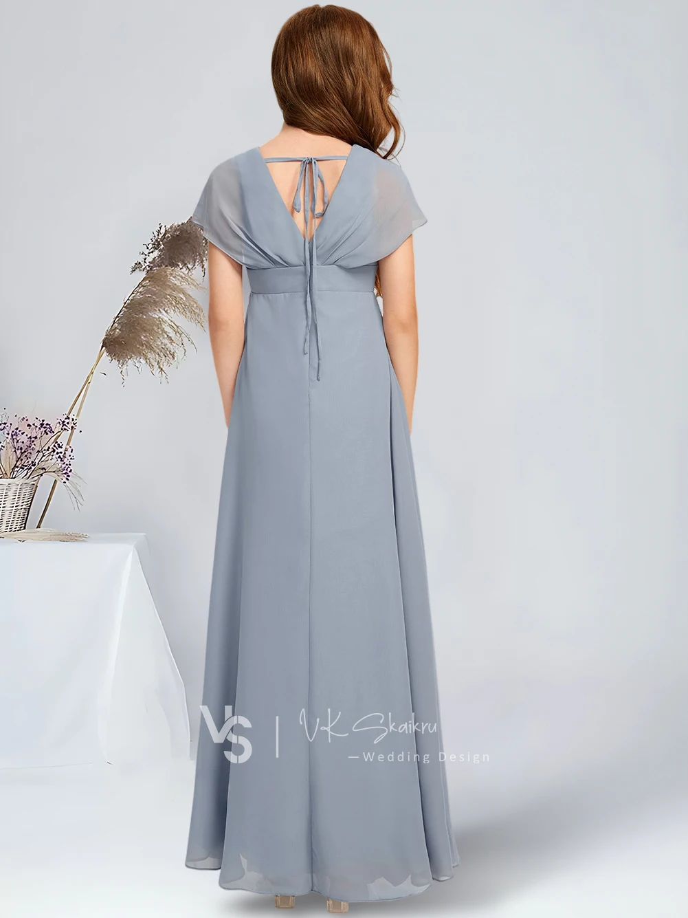 A-line V-Neck Floor-Length Chiffon Junior Bridesmaid Dress Chic Dusty Blue Flower Girl Dress for Wedding Party Dresses For Teens