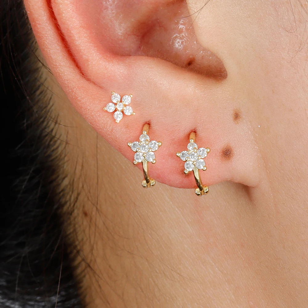 3PCS Stainless Steel Minimal Hoop Earrings Set For Women Colorful Cubic Zirconia Flower Studs Helix Cartilage Piercing Jewelry