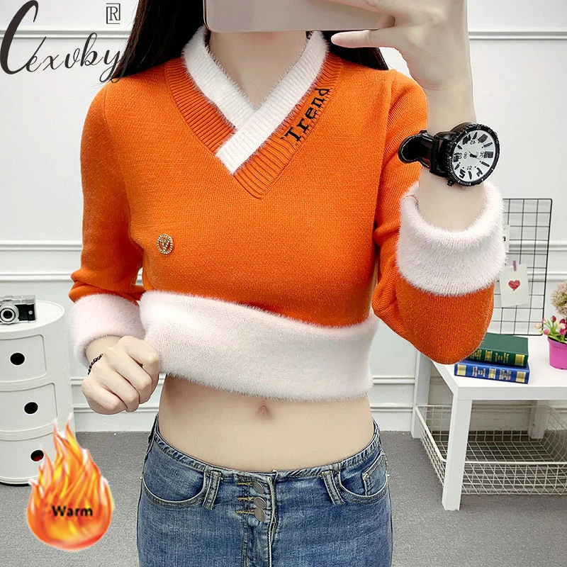 

Imitation Mink Fleece Lined Sweater Women Korean Fashion Letter V-Neck Knitwear Jumper Thick Autumn Winhter Long Sleeev Knit Top