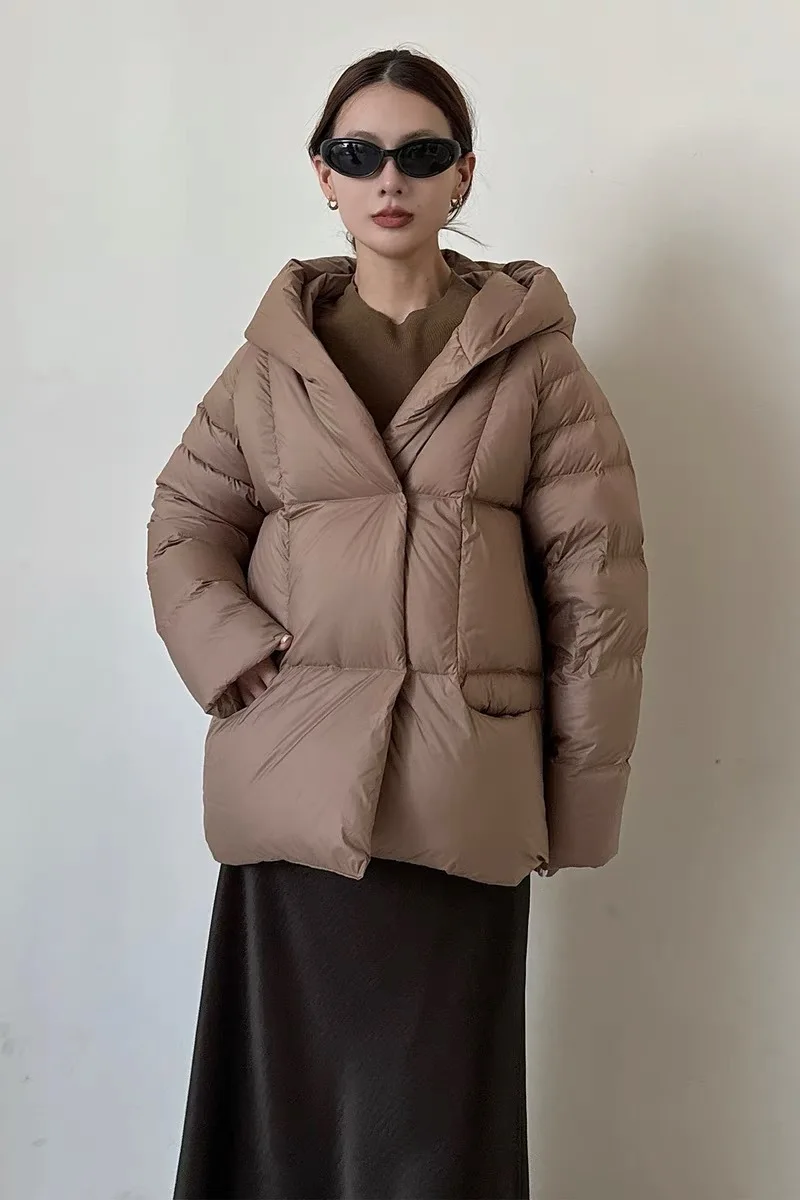 Chaqueta de plumón con capucha gruesa de invierno para mujer, prendas de vestir Parker de plumón de pato blanco cálido, Chaqueta de algodón acolchada con bolsillo sólido holgado para mujer