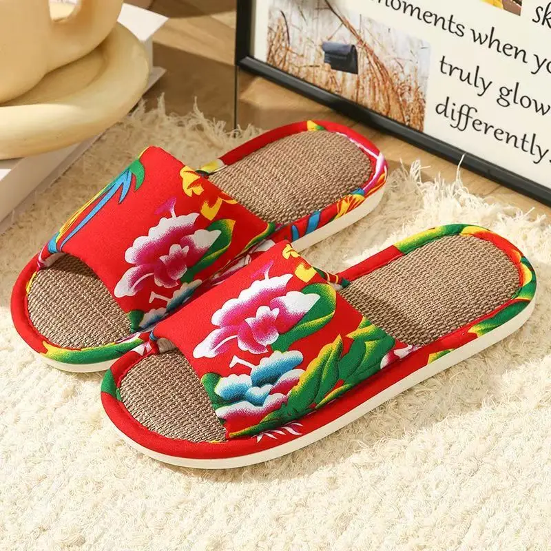 Men Ethnic Style Floral Linen Slippers Summer New Soft Sole Non Slip Breathable Unisex One Word Home Slippers Floor Slippers