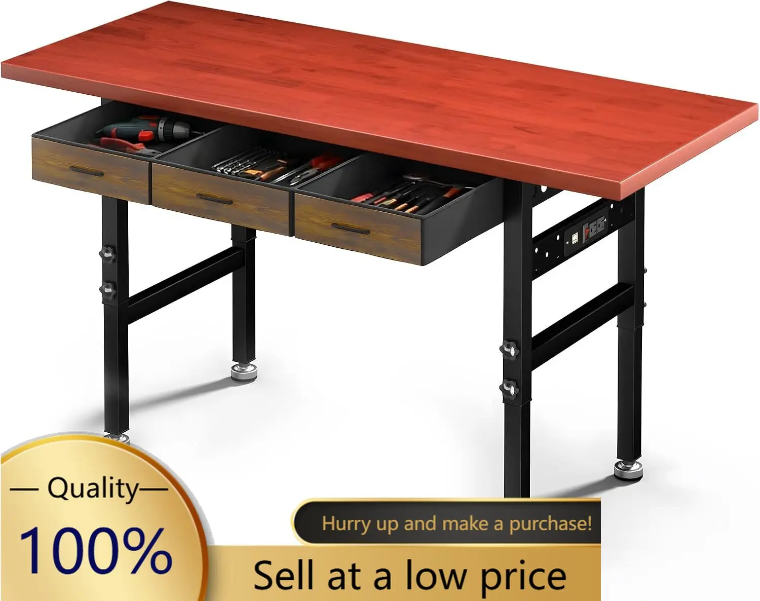 60in Adjustable Height Workbench Desk with Drawers,Power Outlets, Rubber Wood Top Heavy-Duty Work Table, 2000 LBS Load Capacity
