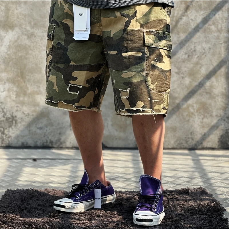Mens Summer Heavyweight Cargo Shorts ยุทธวิธีหลายกระเป๋า Casual Ripped Patchwork ผ้าฝ้ายกลางแจ้งอินเทรนด์ทหารสั้นกางเกง