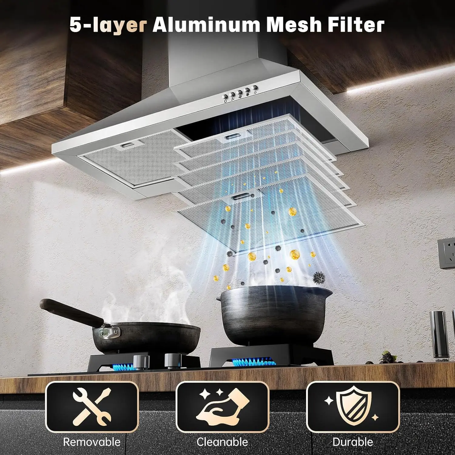 24 inch Wall Mount Stainless Ducted/Ductless Exhaust Kitchen Oven Stove Vent with 3-Speed Fan Range Hood