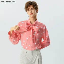 INCERUN Y-2023 Style Américain Nouveaux Hommes Personnalité Amour Noeud aught Design Chemises Casual Mode Amour Motif Imprimé Blouse S-5XL