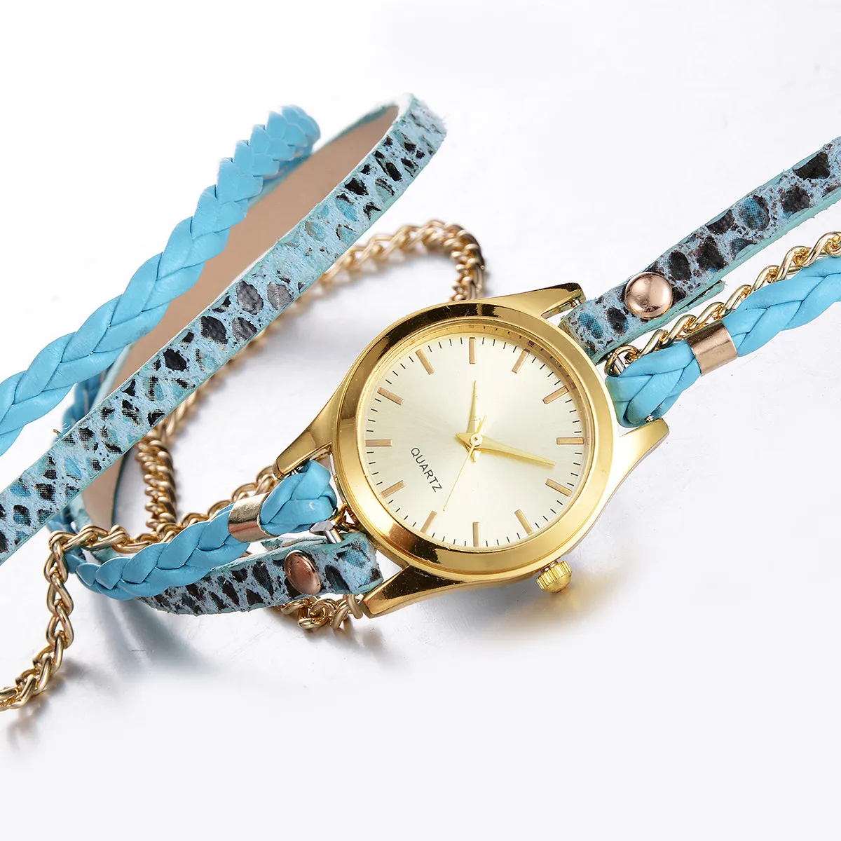 Women Leopard Print Quartz Watch Gold Stainless Sky Blue PU Braided Bracelet Adjustable Buckle Daily