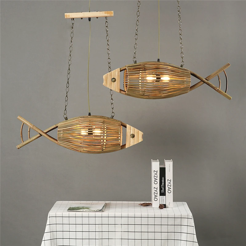 Japanese Wabi-sabi Pendant Light Bamboo Fish Hanging Lamp Home Decoration LED Chandelier for Living Dining Room Exhibition Lobby