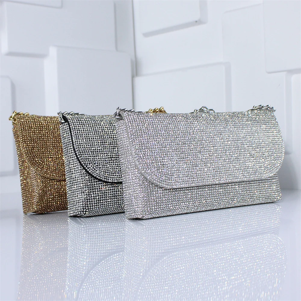 Horizontal Square Diamond-Inlaid Dinner Bag Girls Daily Small Fragrance Pu Material Hand Bag Fashion Chain Magnetic Buckle Bag