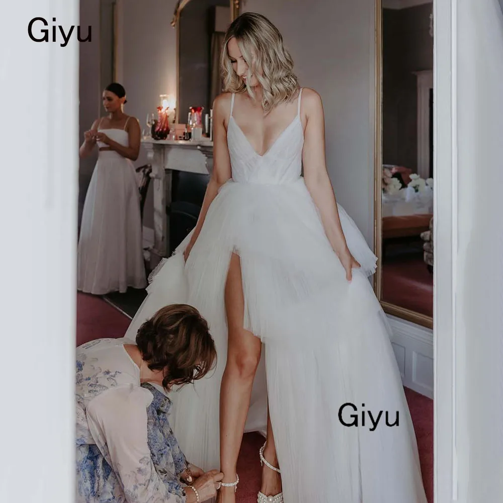 Giyu Fairy Side High Slit Wedding Dress For Woman Deep V-Neck Spaghetti Strap Multi-layered Vestidos Novias Boda Bridal Gown