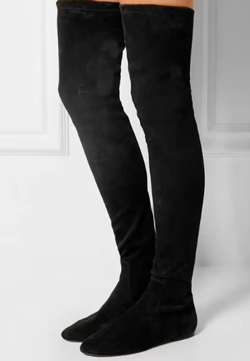 

Hot Selling Black Suede Sock Over Knee Boots Womens Slim Fit Stretch Fabric Tight High Boots Plus Size Flat Ladies Long Boots