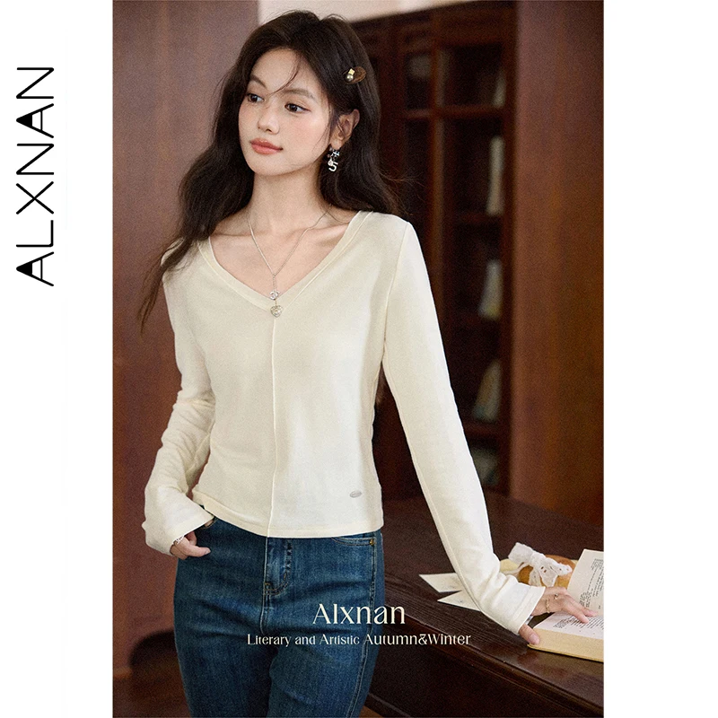 

ALXNAN абрикосовая футболка с v-образным вырезом, женские осенние легкие хлопковые футболки с длинными рукавами, осень 202, классические облегающие повседневные женские топы L56960