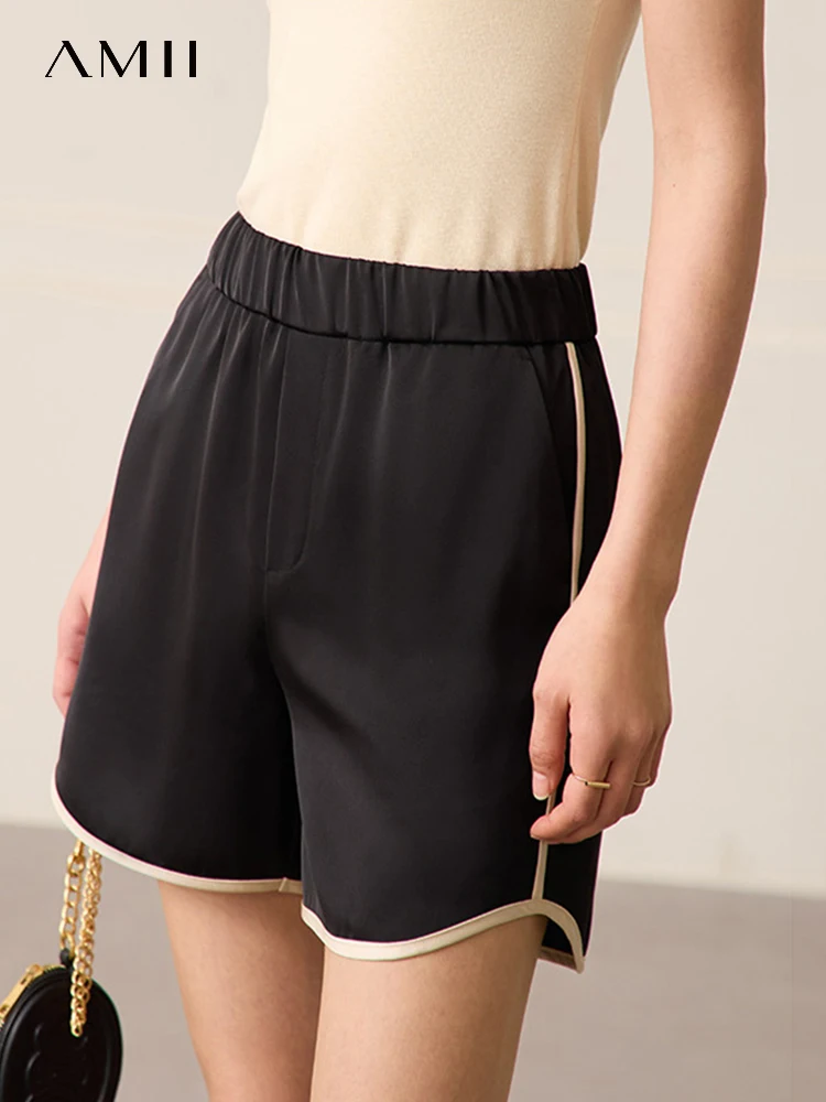 

AMII Minimalism Contrast Casual Women's Shorts 2023 Summer New Elastic Waist Woman Clothing Black Female Pantalones 12332007