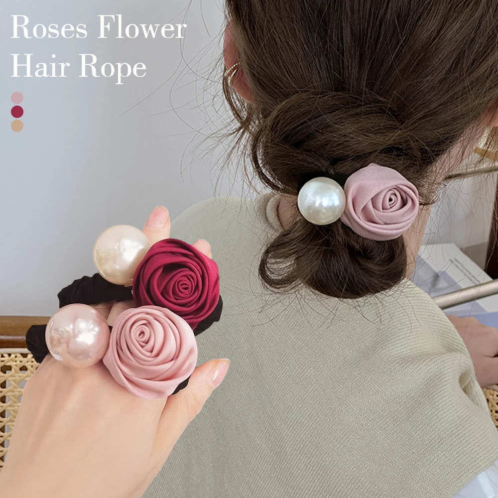 Korean Pearl Elastic Hair Bands Retro Satin Rose Flower Hair Ties for Women Girls Hair Rings Headwear Ponytail Holder Hair Rope