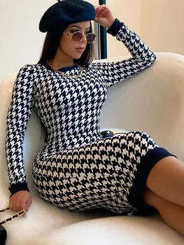 Image Houndstooth Print Women Long Sleeve Midi Dress Hollow Out Bodycon Sexy Streetwear Autumn Winter Club Elegant Slim