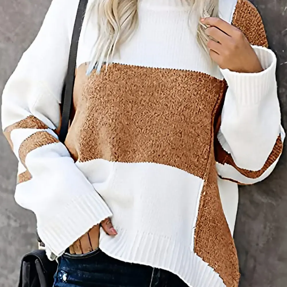 

Striped Retro Hipster Pullover Sweater round Neck Color Stitching Autumn Winter European American Style Women's Fashion Top