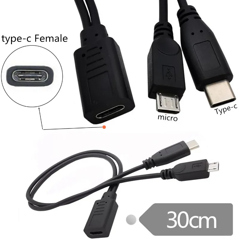 USB 3.1 Type-C Female 1 to 2 Type-C Male Micro USB 5P to 2 Male Y Splitter Charging Extension Cable 30cm