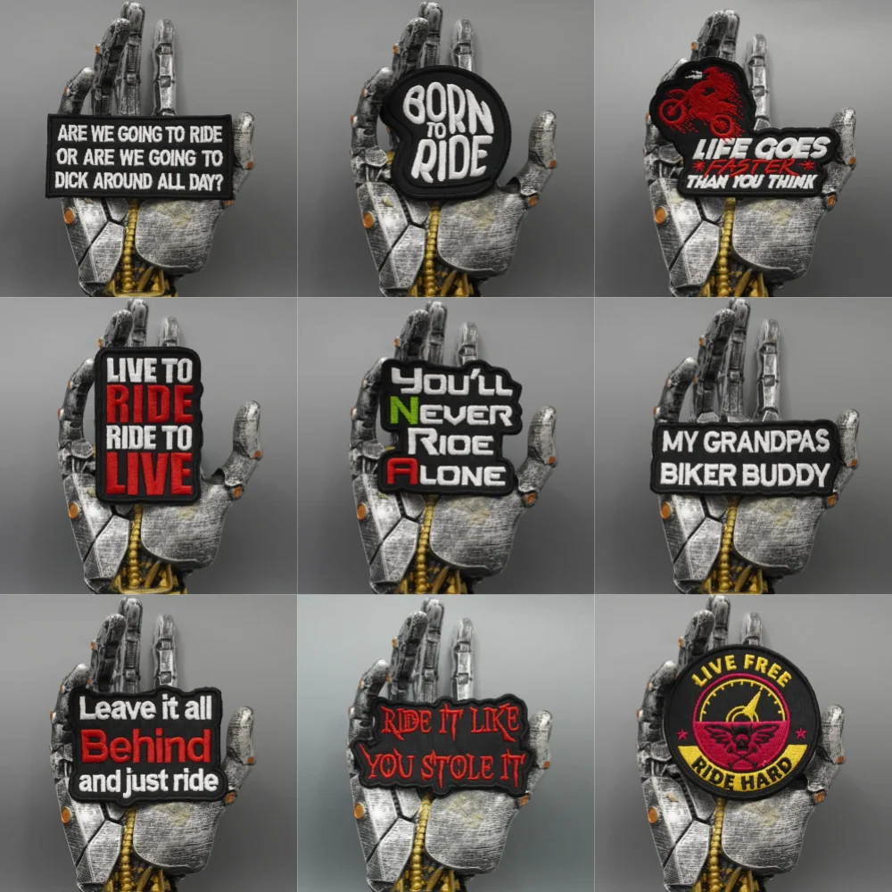 Lass alles hinter dir und fahr einfach weiter. Gestickter Aufnäher, Nähetikett, Punk-Biker-Band, Rock-Kleidung, Abzeichen, Klettverschluss oder zum Aufbügeln. – Detail 1