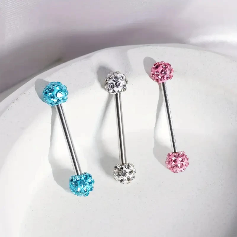 3pcs Crystal Ball Body Jewelry Set 14G Stainless Steel Straight Barbell for Tongue Nipple Ear Cartilage Helix Piercing Unisex