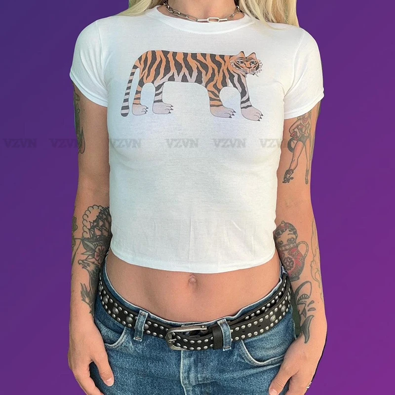 

Y2k Tiger Graphics Crop Tops Summer Gothic 90s Vintage fairy Baby Tee emo Cute Punk Girls Short Sleeve Streetwear