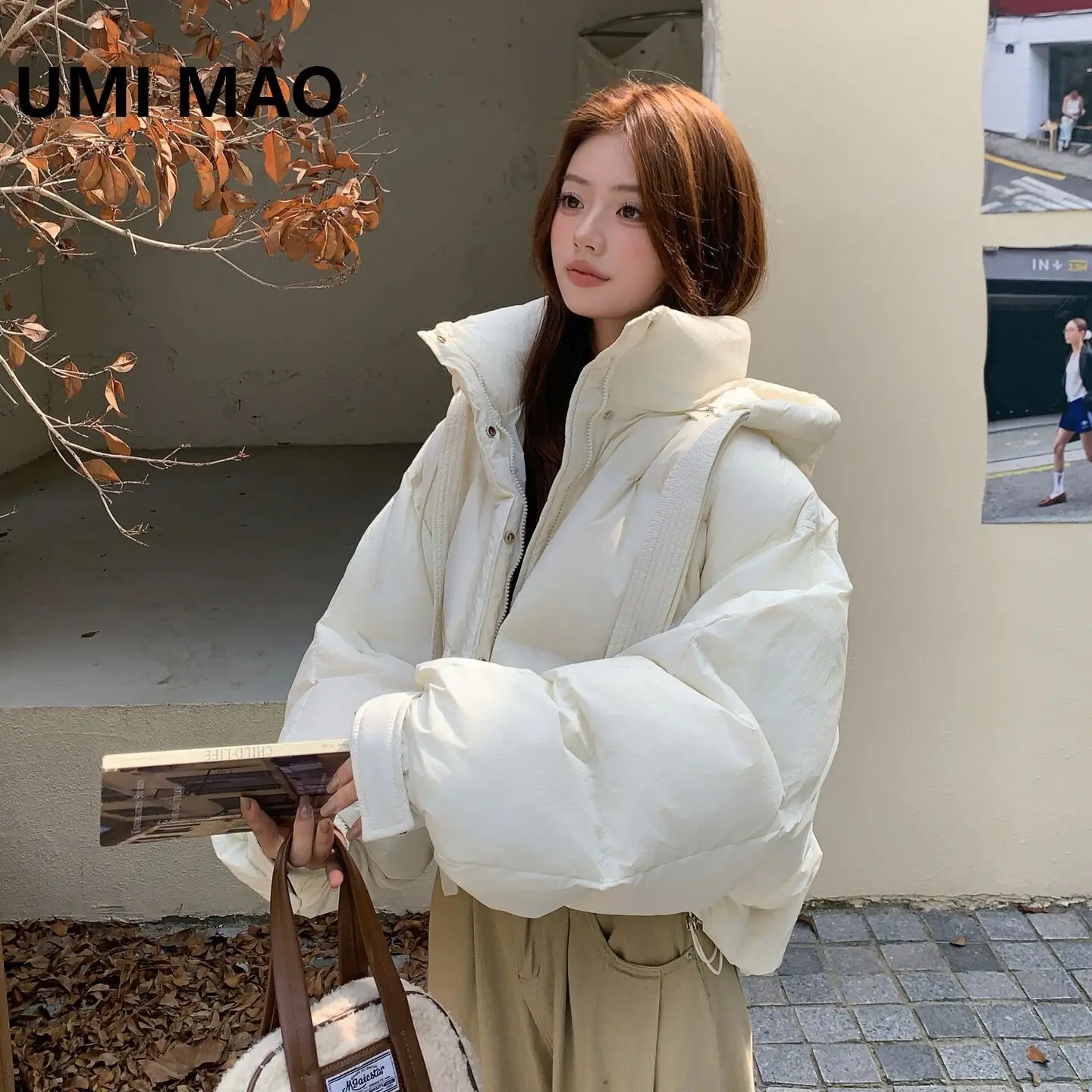 

UMI MAO 90 White Duck Down Jacket Femme Thick Warm Beige With Hat Short Down Jacket For Women Feminino