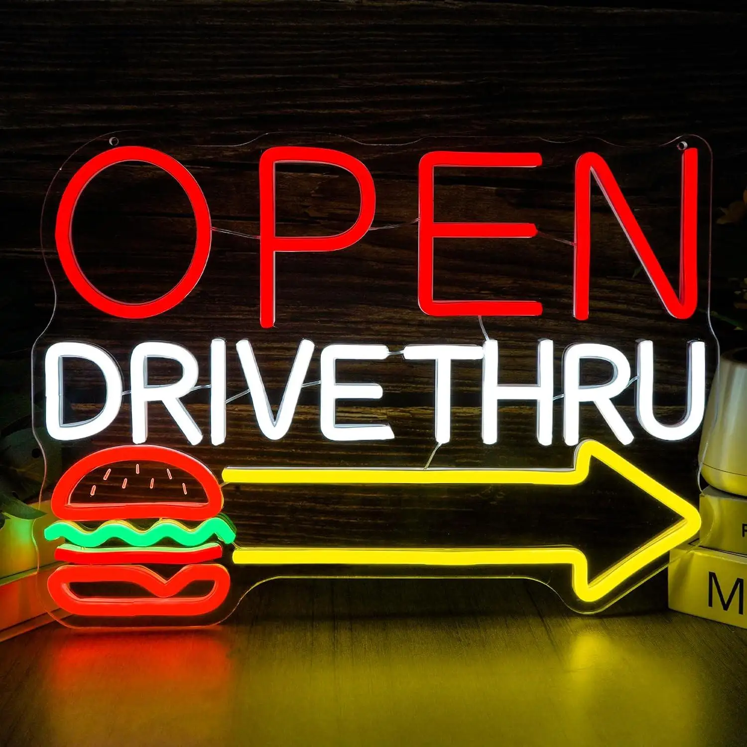 Open Drive Thru Neon Sign USB Dimmable LED Lights For Fast Food Pizza Burger Shop Window Wall Hanging Decor Storefront Sign Gift