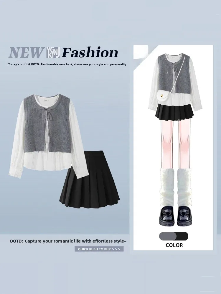 

High Waist Plaid Shirt And Skirt Set Women's round Neck Spring Fashion Ensemble Color Block Design Student Style Outfit
