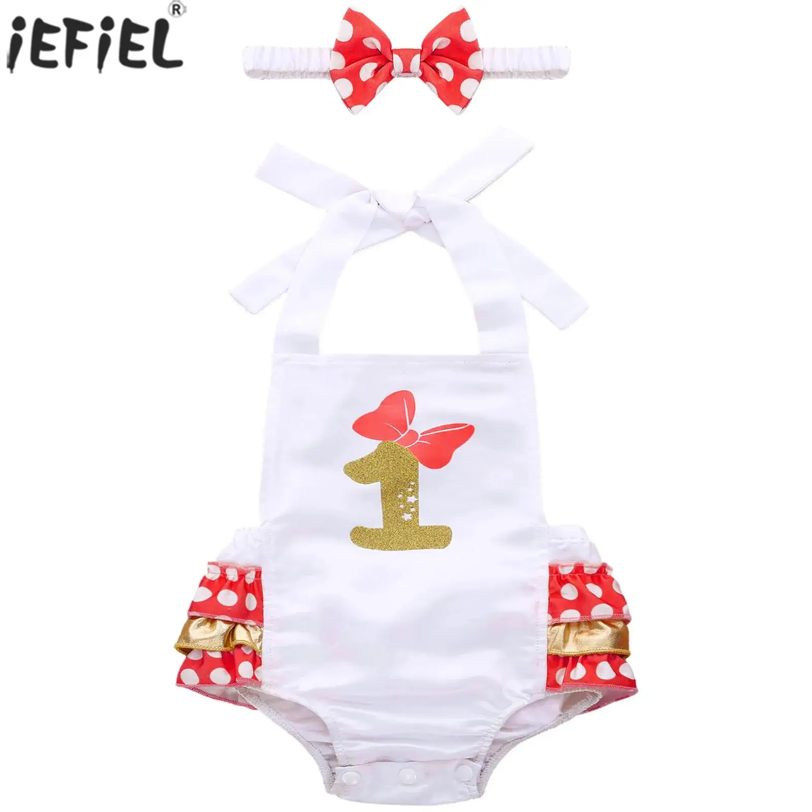 

Baby Girls 1st Birthday Outfit Sleeveless Printed Polka Dot Ruffled Romper with Bowknot Headband Party Photography Kids Clothes